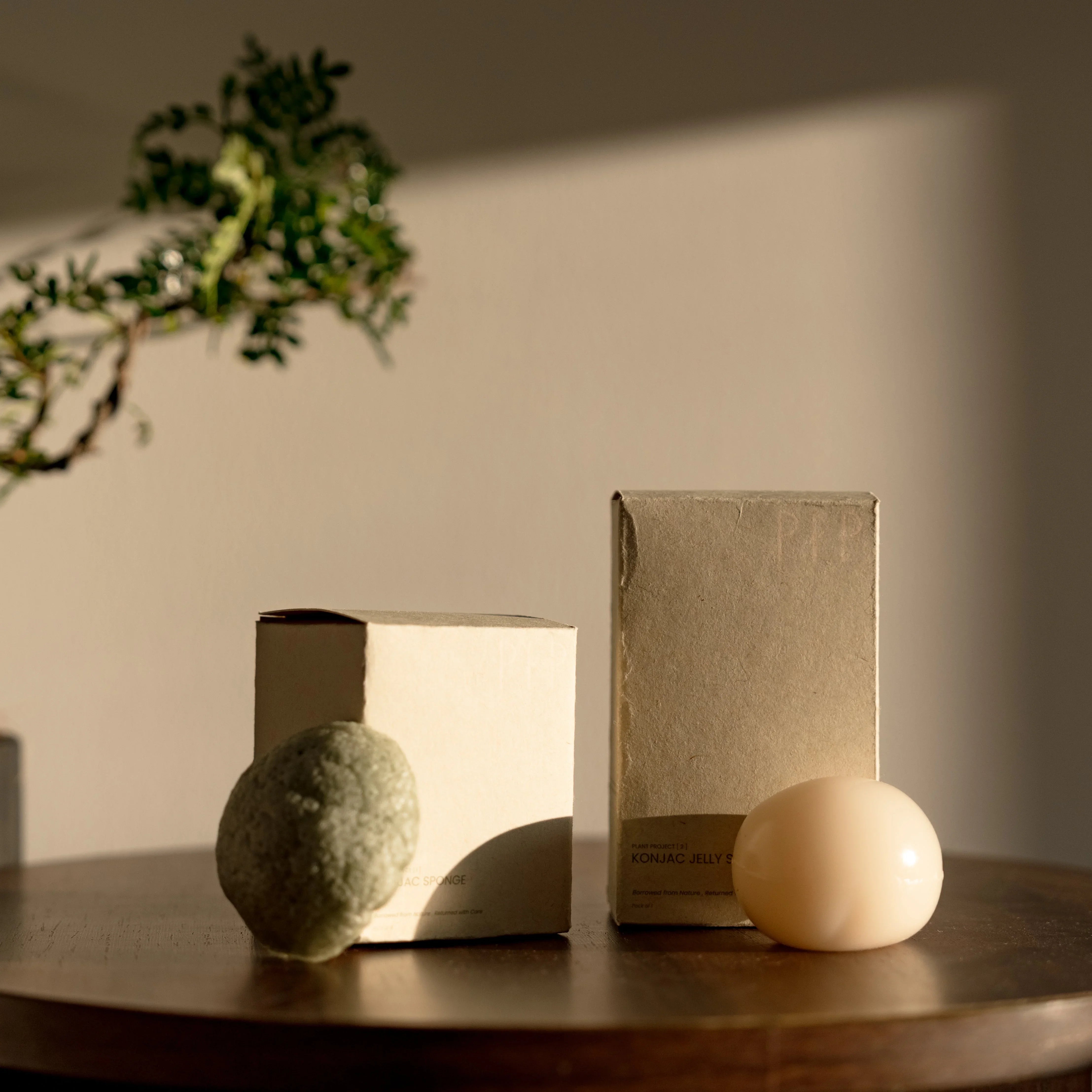 Konjac sponge and jelly soap with eco-friendly packaging on wooden table in natural light