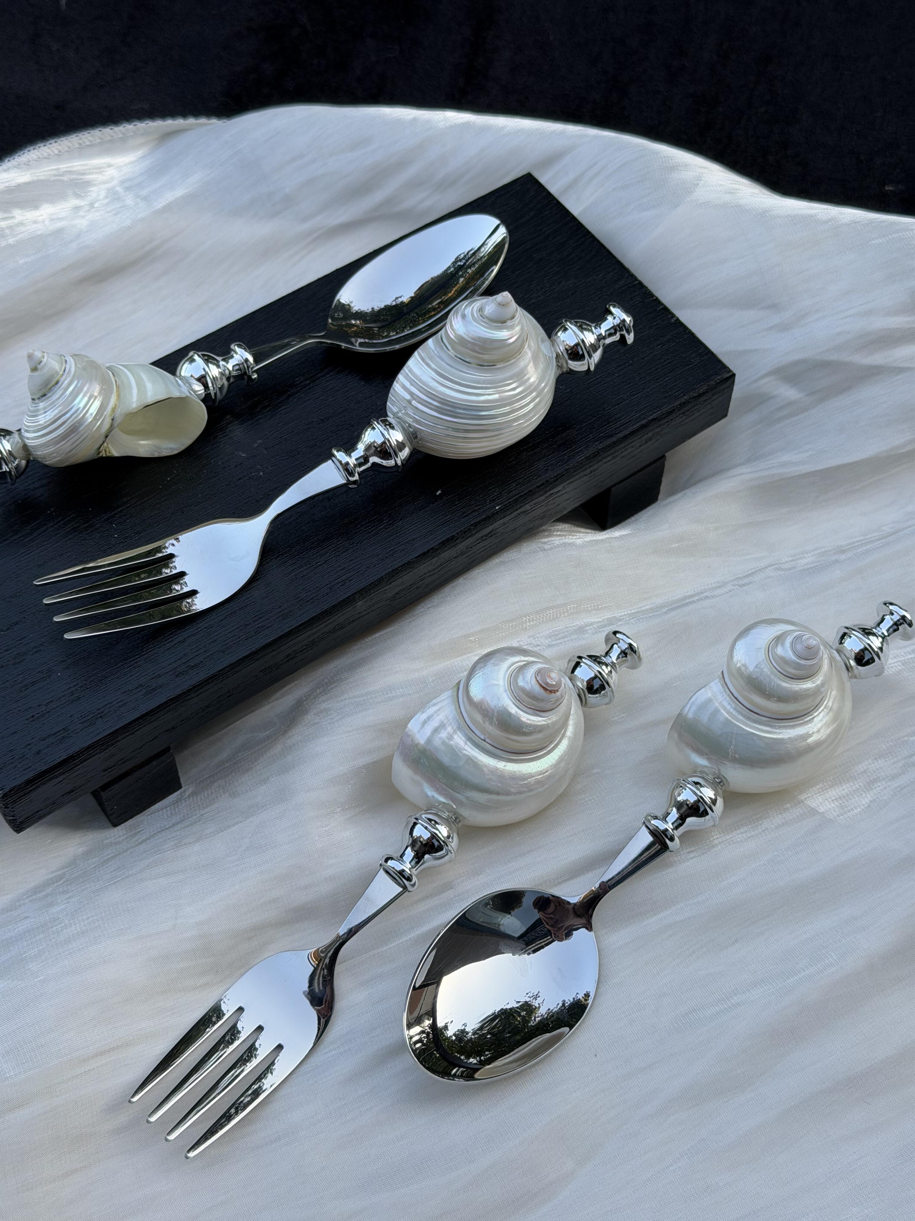 Luxury Handmade Shell Vintage Cutlery Set - One-of-a-kind Tableware Art