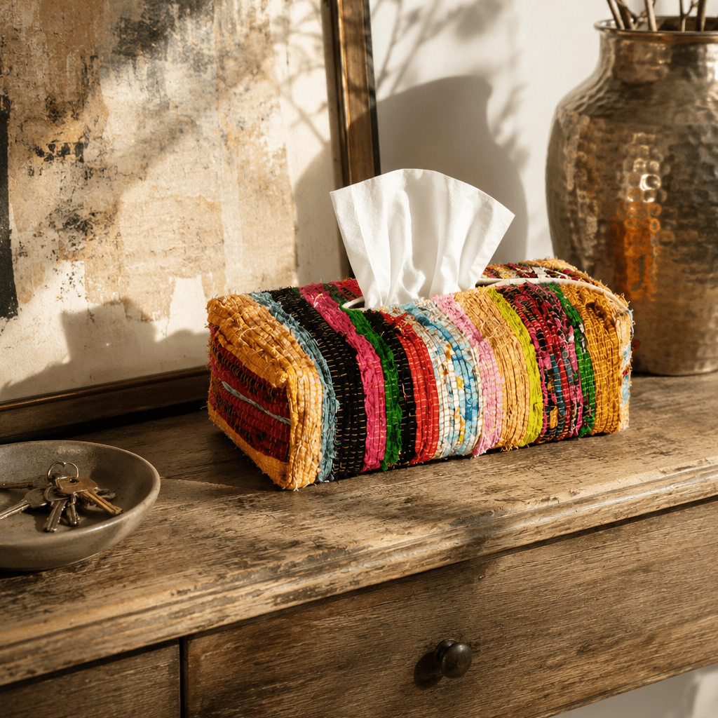 Colorful striped tissue box on a wooden surface with a textured wall and vase in the background